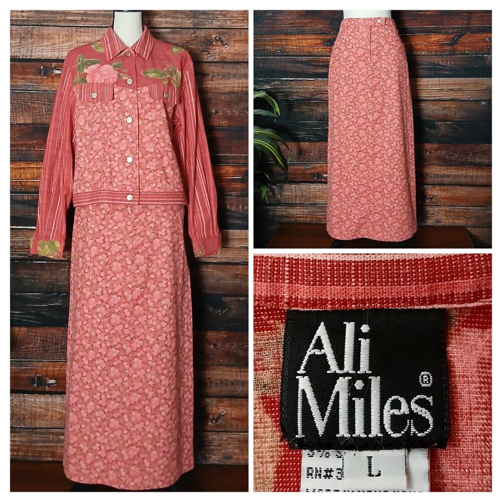 Ali Miles Vintage Two Piece Set 10 L Skirt & Jacket Red Floral Denim